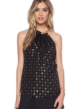 Diane von Furstenberg Black/gold lame detailing Chain Neck Halter Top-Med